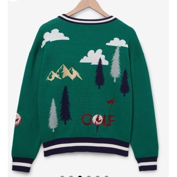 Disney Goofy Golf Cardigan XL Green Knit Embroidered Sweater Sweatshirt Patch - Picture 2 of 10